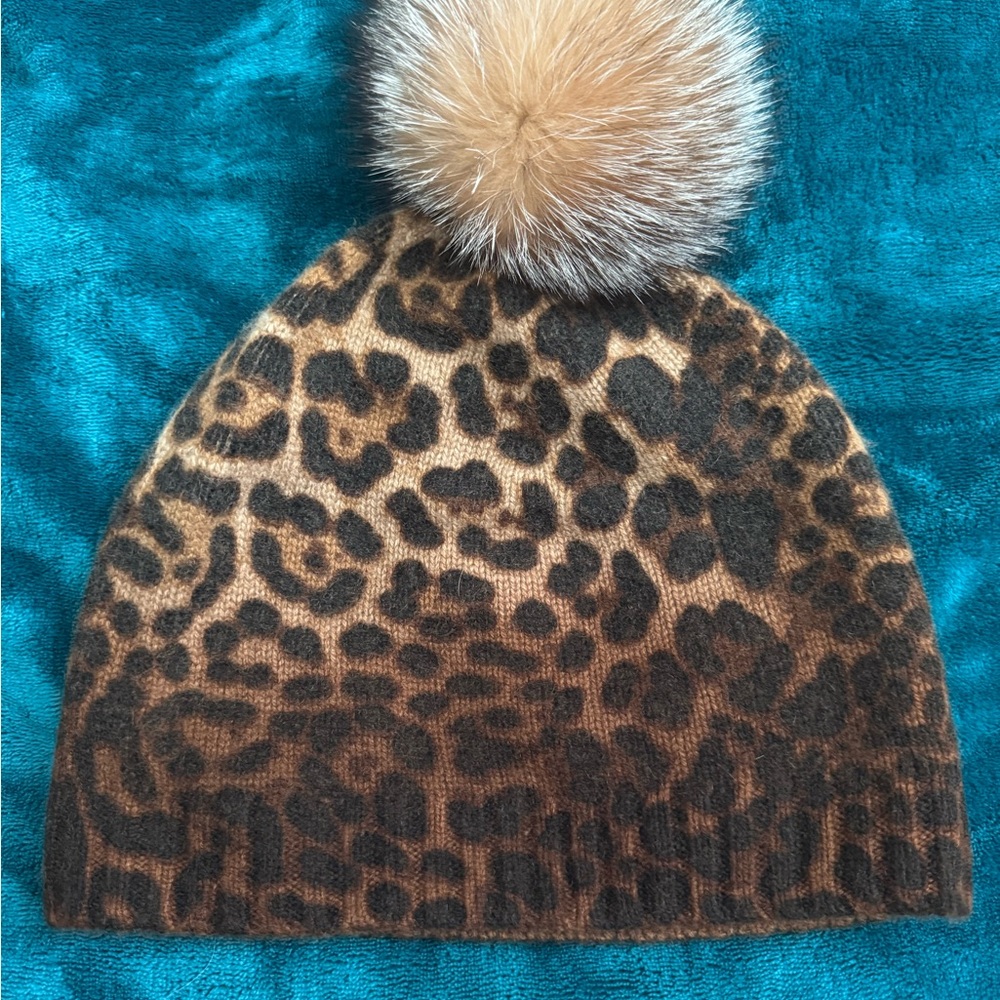 Sofia Cashmere Leopard Print Hat with Fur Pom